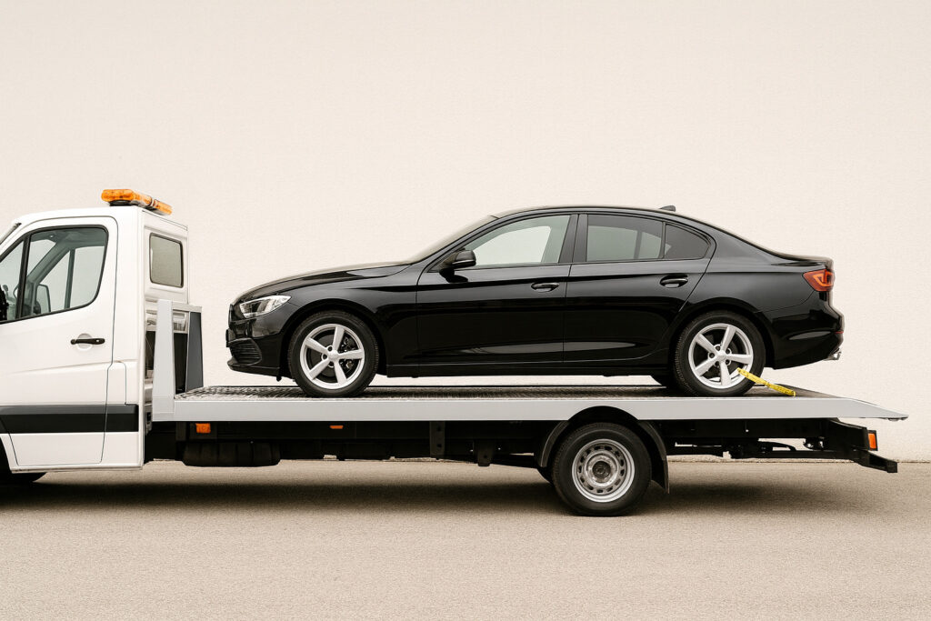 左向きの高級車がレッカー車に乗っている写真
