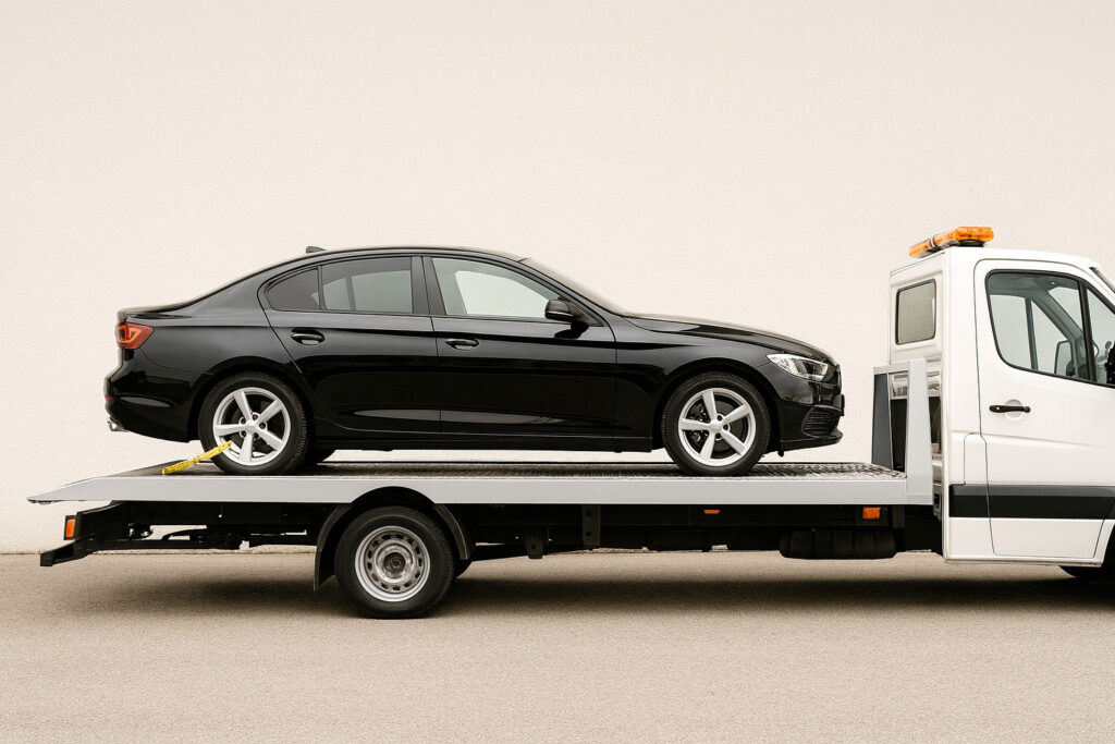 右向きの高級車がレッカー車に乗っている写真